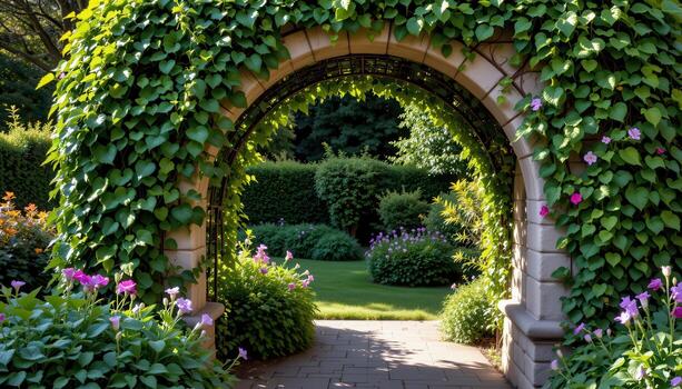 garden arch covered in ivy, shadows dancing on stone beneath the dappled light of afternoon. photo