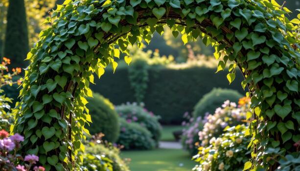 jardín arco abrazado por hiedra, luz de sol Costura patrones a través de sus amable marco. foto