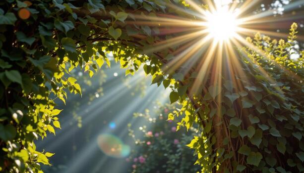 luz de sol tejidos mediante el hiedra arco, derramar dorado patrones en el de verano tranquilo calentar aire. foto