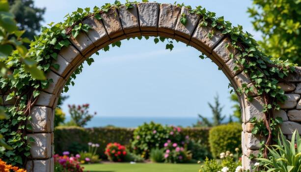jardín arco de Roca envuelto en hiedra, sus superficie moteado con cambiando patrones de ligero. foto