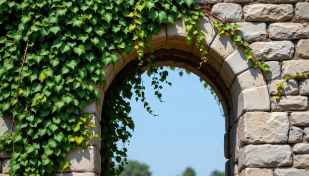 a stone archway clothed in ivy, leaves swaying softly in the calm breeze. photo