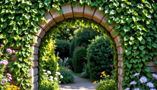 hiedra cascadas terminado el Roca arco, luz de sol Costura patrones en sus marco en el verano jardín. foto