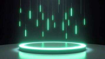 A dark, futuristic scene featuring a glowing green circular platform with neon green vertical lights hanging above it, creating an ethereal, high-tech ambiance video