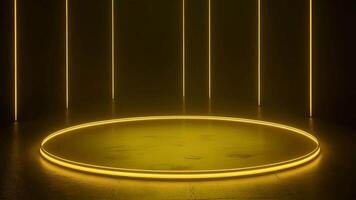 The scene starts with a close-up, slightly low-angle handheld shot captured by a digital camera using a 35mm lens, focusing on a glowing circular LED light ring placed on a dark, textured floor within video