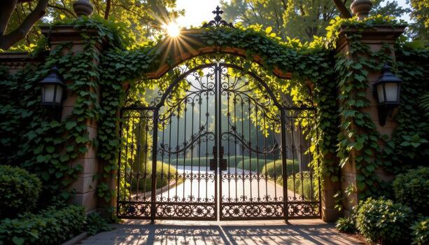 endless vines weave patterns across the ornate wrought iron gate glowing beneath radiant sunlight. photo