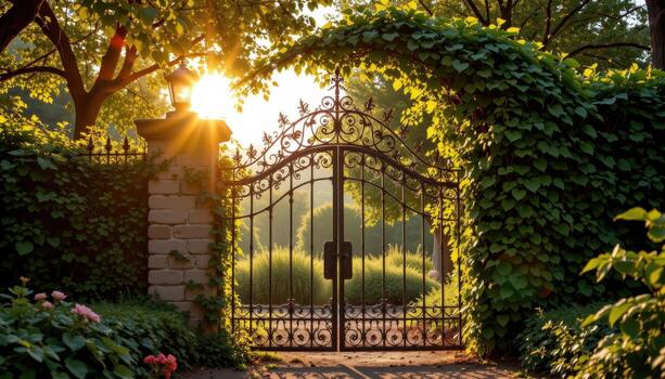 a wrought iron gate wrapped in countless vines shines softly beneath calm golden afternoon light. photo