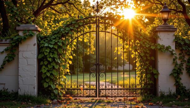 a wrought iron gate stands covered with vines glowing softly beneath calm golden afternoon rays. photo