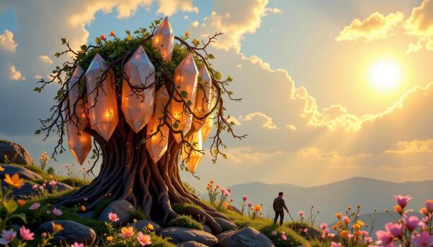 a cluster of glowing crystals draped with twisting vines shines softly beneath golden afternoon sunlight above sky. photo