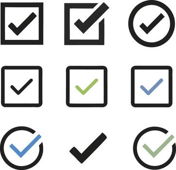 Collection of various checkmark icons in boxes and circles vector