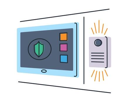 Flat cartoon illustration of smart home security system with wall control panel and sensors. Wireless protection and automation, digital safety technology, home monitoring visuals vector