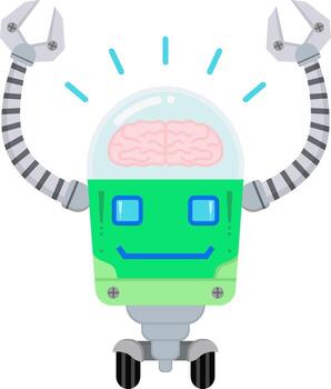 un sonriente verde robot con un humano cerebro en sus cabeza, levantamiento sus dos mecánico brazos vector