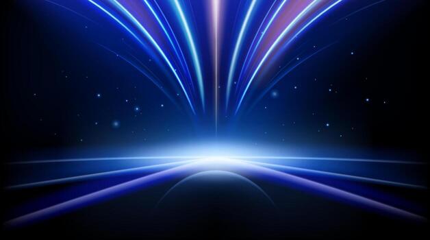 Abstract blue light rays bursting from a glowing horizon. Futuristic space and technology background. vector