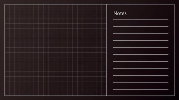 Grid background with line blueprint, black tech sheet. Grid background on left with notes field for digital project, dashboard or future UI structure. vector