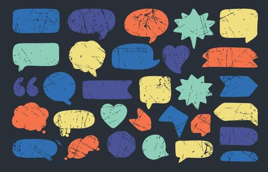 Speech crayon talk text box hand chalk set of drawn frames and doodle chat bubble shapes. Speech crayon sketch collection of comic balloon elements with grunge texture for design. vector