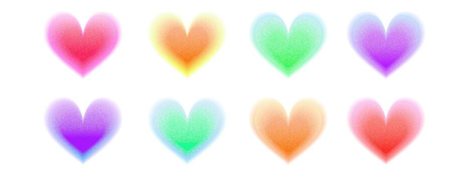 Heart gradient shape set with Y2K blur effect. Gradation figure collection featuring noise pattern and grain background elements. . vector