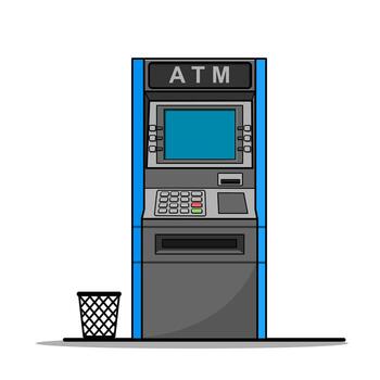 Cajero automático automatizado cajero máquina con basura lata vectores ilustración plano diseño