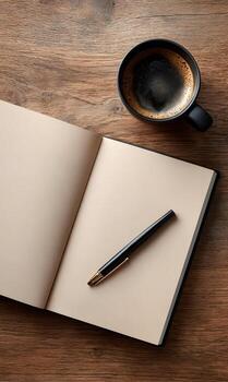 Open notebook with blank pages a sleek pen and steaming coffee on a rustic wooden table ideal for capturing thoughts creativity inspiration planning and brainstorming in a cozy photo