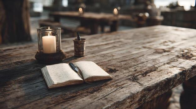 Ambient light illuminates open book and candle on rustic wooden table creating a peaceful study or journaling scene writing space with pen near handmade paper notebook in a photo
