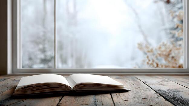 Cozy winter scene featuring an open book on a rustic wooden table with a snowy landscape visible through a window promoting warmth and inspiration for home design and tranquil photo
