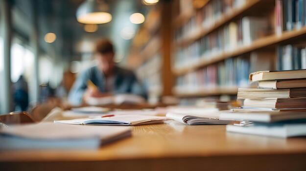 Blurred scene shows a student studying in the library with stacks of books and open notebooks on a wooden desk research and learning in a peaceful atmosphere ideal for studying photo