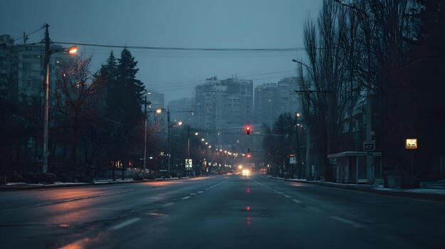 Gloomy urban twilight in the city displaying avenue with wet asphalt and a distant automobile under dense clouds a cityscape of buildings surrounded by bare trees photo