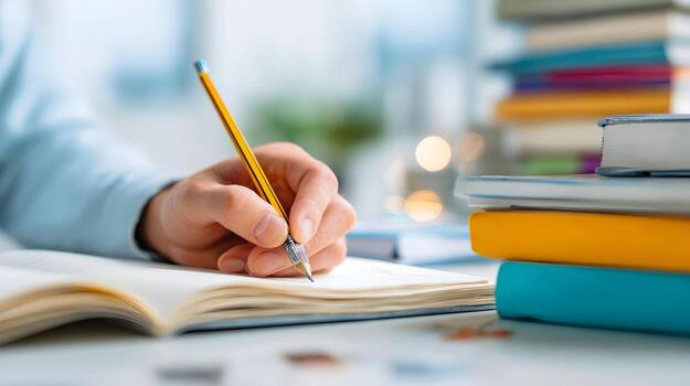 Hand writing in notebook with pencil on desk for student creativity and education with stack of books in blurry background for home study and planning or brainstorming ideas photo