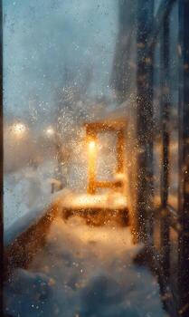 Wintery cityscape view through wet window with golden light and snow covered elements creating a moody and atmospheric scene perfect for evoking a sense of cold weather and photo