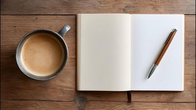 Creative workspace featuring a rustic mug filled with latte art next to an open journal and wood pen on a textured wooden surface creating a warm and inviting atmosphere ideal photo