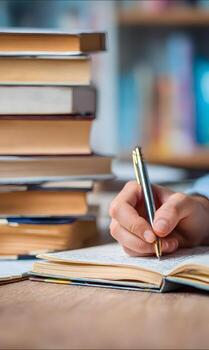 Studious individual writing in a journal beside a towering stack of literature in a tranquil study room environment exploring ideas and capturing thoughts with a penmanship photo