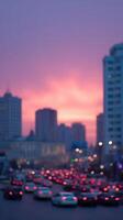 crepúsculo paisaje urbano con surrealista puesta de sol matices, urbano prisa hora vibras, recordativo de un futurista rosado teñido hanami festival foto