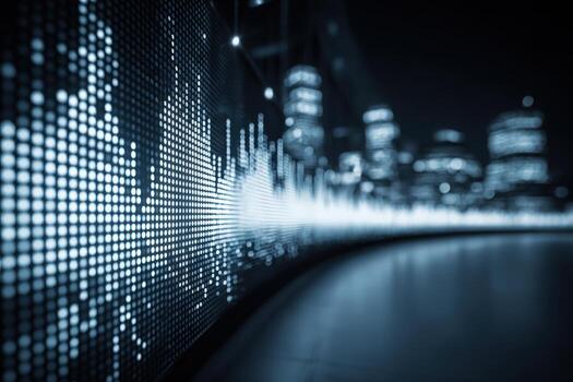 An abstract display of sound waves illuminated by lights in a modern cityscape. The soft glow highlights the contours of the waves against a dark background, creating an artistic vibe. photo