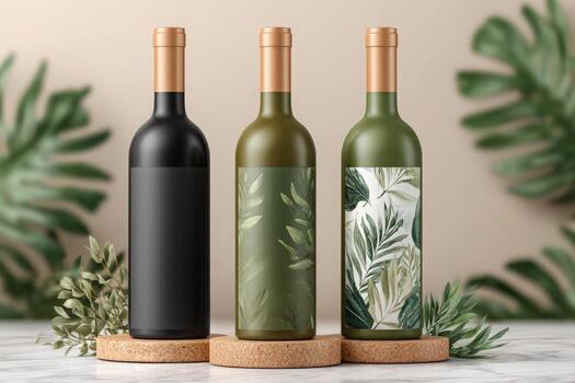 Three stylish wine bottles arranged on cork coasters feature unique labels showcasing green foliage designs. The setting is tranquil, surrounded by soft greenery and a neutral backdrop. photo