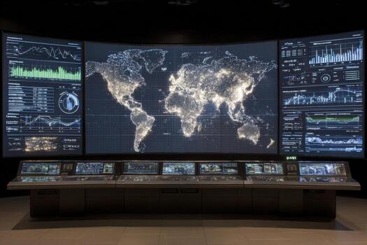 The center features a large curved display showcasing a detailed map of the world illuminated by data points. photo