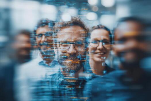 A group of four individuals is smiling while standing close together in a modern office. They are dressed in business attire, creating a welcoming and professional atmosphere. photo