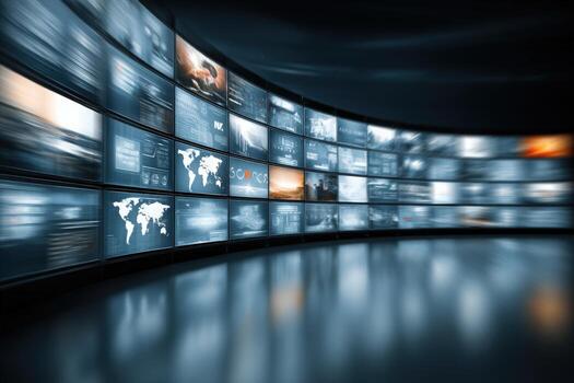 Multiple digital screens arranged in a curved layout display various data, graphics, and world maps, showcasing information in a sleek, modern environment with low lighting. photo