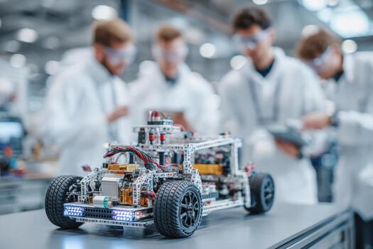 Engineering students work collaboratively in a well-equipped workshop, focusing on a robotic car made from intricate components and electronic parts. Tools and technology surround them. photo