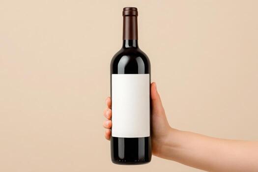 A hand presents a dark wine bottle with an empty label, showcasing its elegant shape against a soft, neutral background. The bottle stands out due to its simplicity, ready for personalization. photo