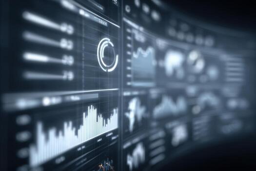 The dashboard displays multiple charts and graphs, illustrating performance metrics and trends. The visuals are designed for data analysis and interpretation in a modern technological environment. photo