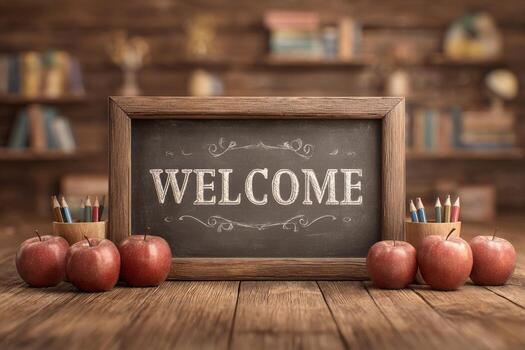 A rustic wooden table features a chalkboard sign displaying the word welcome. Surrounding the sign are red apples and containers filled with colored pencils, creating a warm, inviting atmosphere. photo