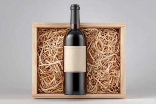 A sophisticated wine bottle sits upright in a wooden box lined with shredded straw, creating an appealing display perfect for gifting or showcasing at events. The box offers a rustic charm. photo