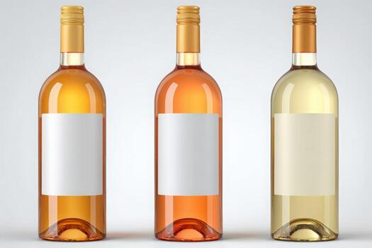 Tres botellas de vino sentar lado por lado en un limpiar superficie, exhibiendo diferente sombras de vino. cada botella caracteristicas un blanco etiqueta para personalización o marca. foto