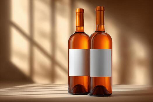 dos ámbar vino botellas estar juntos en un suave superficie. suave ligero yesos amable oscuridad, destacando su formas el botellas característica blanco etiquetas, sugerencia potencial personalización foto