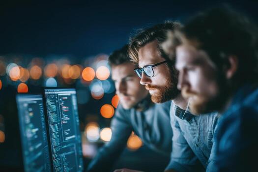Tres hombres enfocado en codificación a noche, iluminado pantallas mostrando líneas de código. ciudad luces centelleo en el fondo, creando un vibrante atmósfera. un fuerte sentido de trabajo en equipo y creatividad. foto