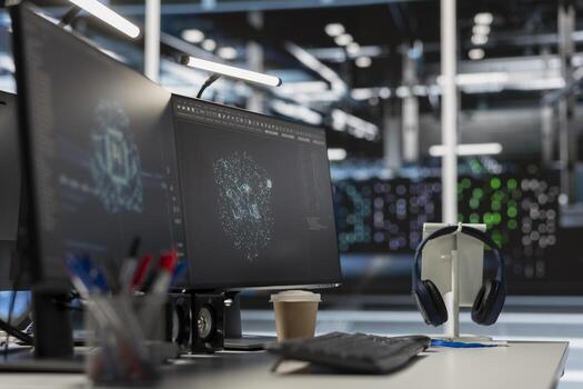 Computer screen in data center office overseeing server cabinets preserving datasets required for artificial intelligence systems. PCs in workspace used for monitoring blade servers infrastructure photo