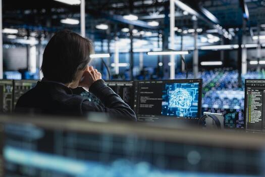Data center programmer drinking coffee while managing artificial intelligence training datasets. IT worker enjoying caffeinated beverage at work, overseeing neural networks in server room photo