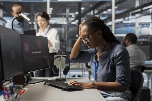Server farm employee trying to fix compromised equipment after hacker attack. Engineer in data center disturbed by malicious threat alert, initiating protocol to protect critical systems photo