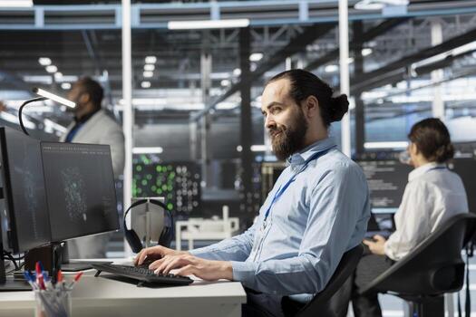 Smiling data center IT professional using artificial intelligence neural networks technology on PC. Happy server farm admin using AI programming language on computer to update hardware photo