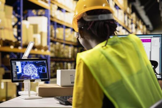 Woman uses software for order processing automation, advanced neural networks cloud computing system ensures parcel tracking with a computer in warehouse with storage racks. photo