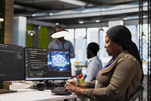 System administrator in office using AI automation scripts to reduce repetitive coding tasks. Woman using artificial intelligence technology on PC in high tech startup workspace photo