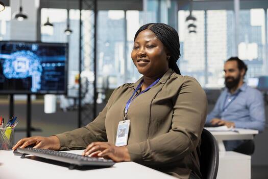 Cheerful admin speeding up tasks by following AI language model suggestions in office. Jolly IT professional relying on artificial intelligence LLM assistant to fix mistakes photo